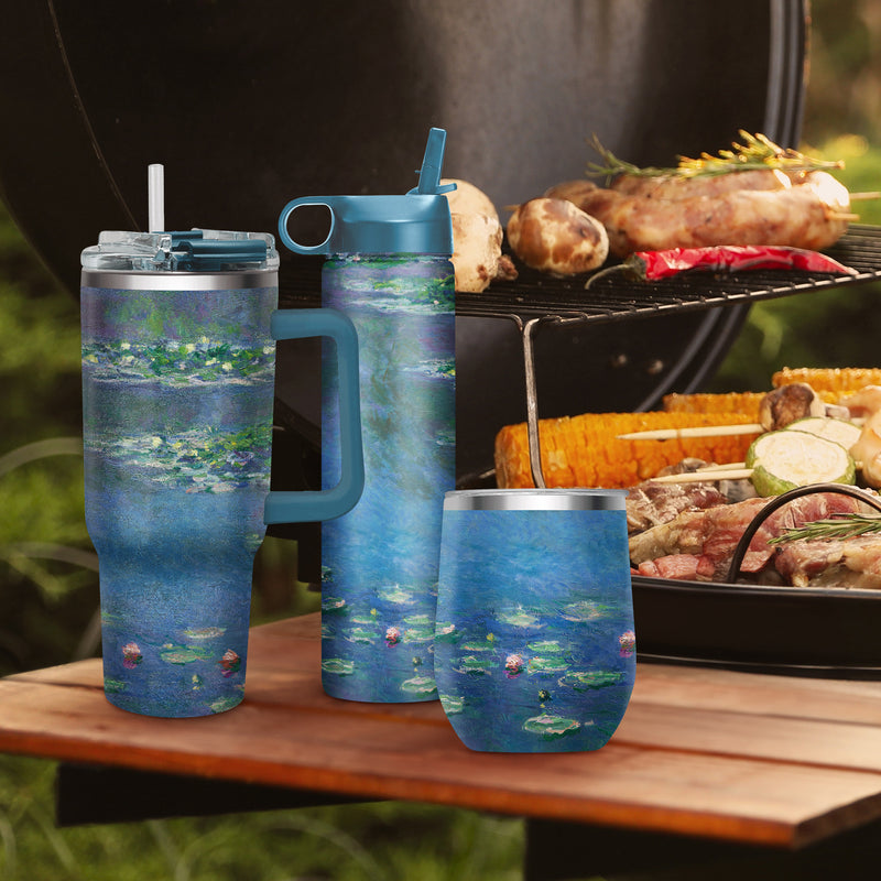 12 oz Stemless Wine Tumbler - Monet "Water Lilies" - Silver Rim