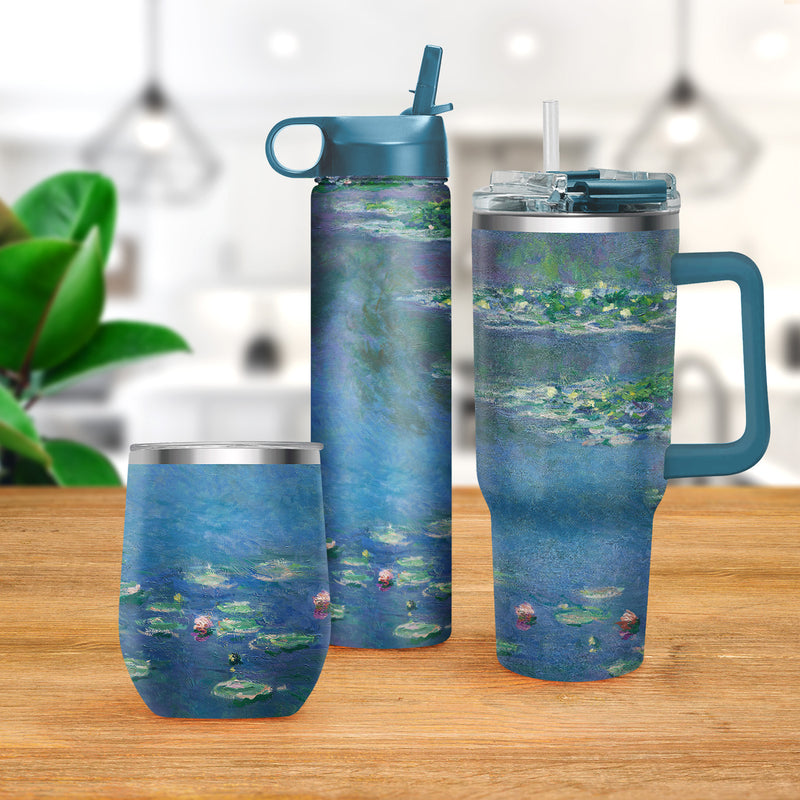 12 oz Stemless Wine Tumbler - Monet "Water Lilies" - Silver Rim