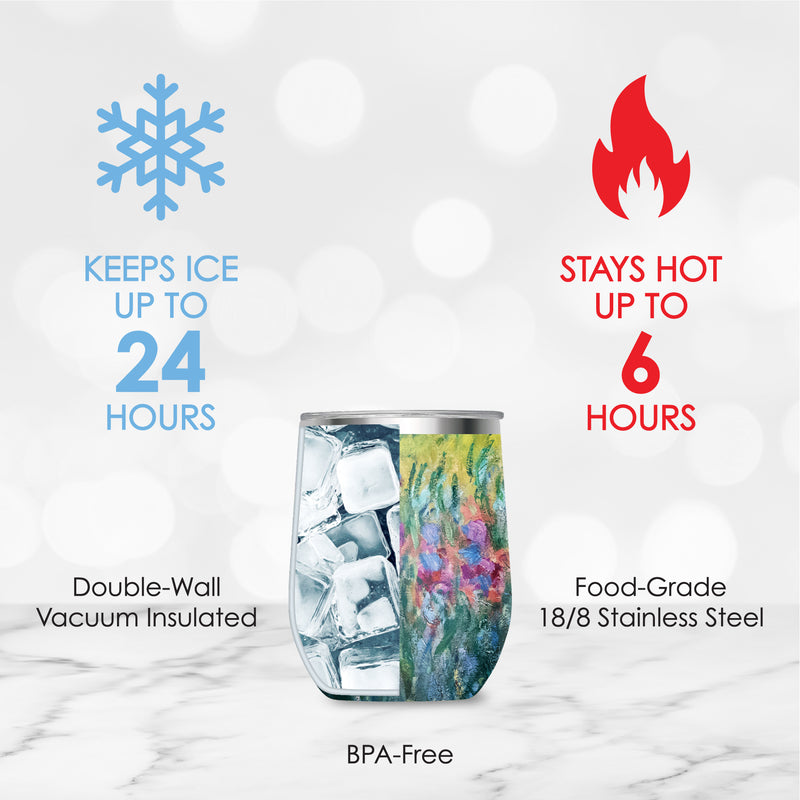 12 oz Stemless Wine Tumbler - Monet "Garden at Giverny" - Silver Rim