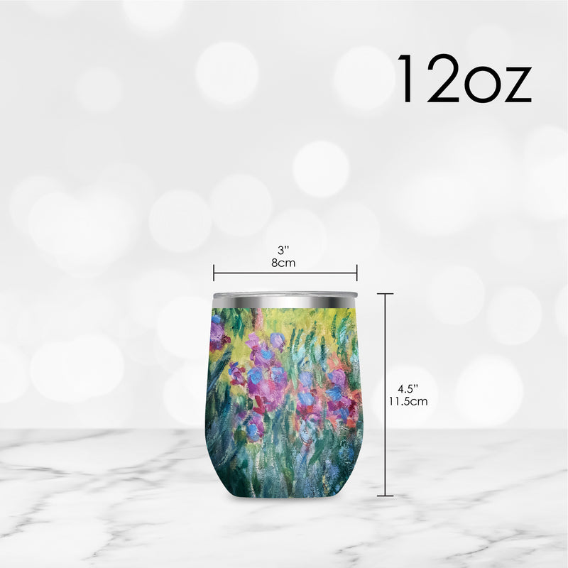 12 oz Stemless Wine Tumbler - Monet "Garden at Giverny" - Silver Rim