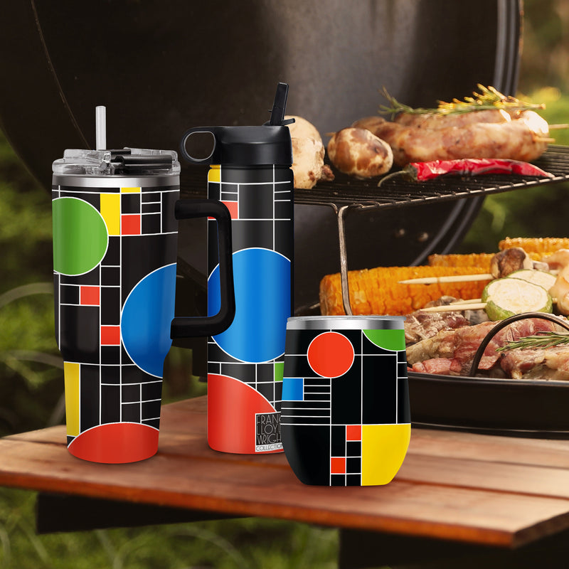 12 oz Stemless Wine Tumbler - Frank Lloyd Wright "Coonley Playhouse" - Silver Rim