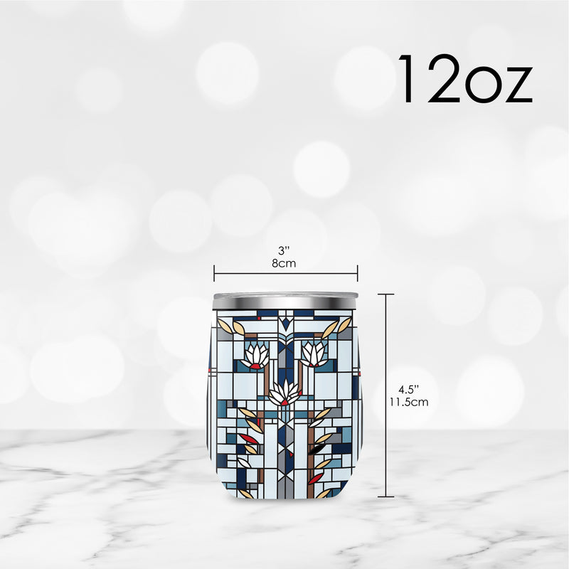 12 oz Stemless Wine Tumbler - Frank Lloyd Wright "Waterlilies" - Silver Rim