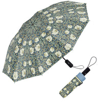 William Morris "Pimpernel" Blue/Green Travel Umbrella – Compact, One-Touch Open & Close