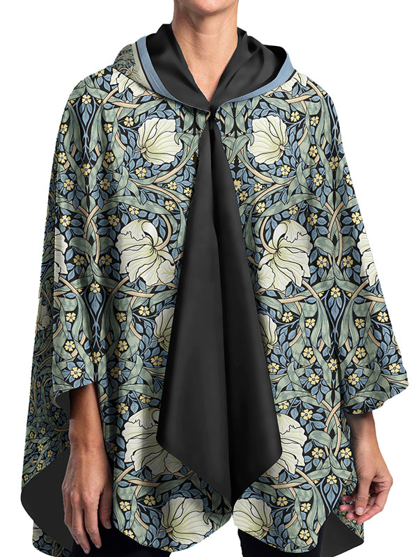 William Morris Pimpernel & Black Reversible Rain Cape Poncho – Hooded Womens Wrap