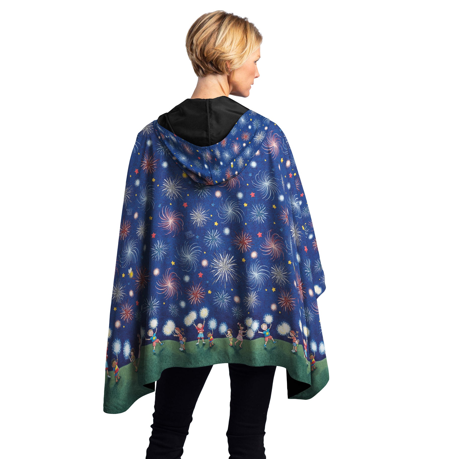 Mary Engelbreit July Sparklers Reversible Rain Cape Poncho – Lightweight Hooded Wrap for Women