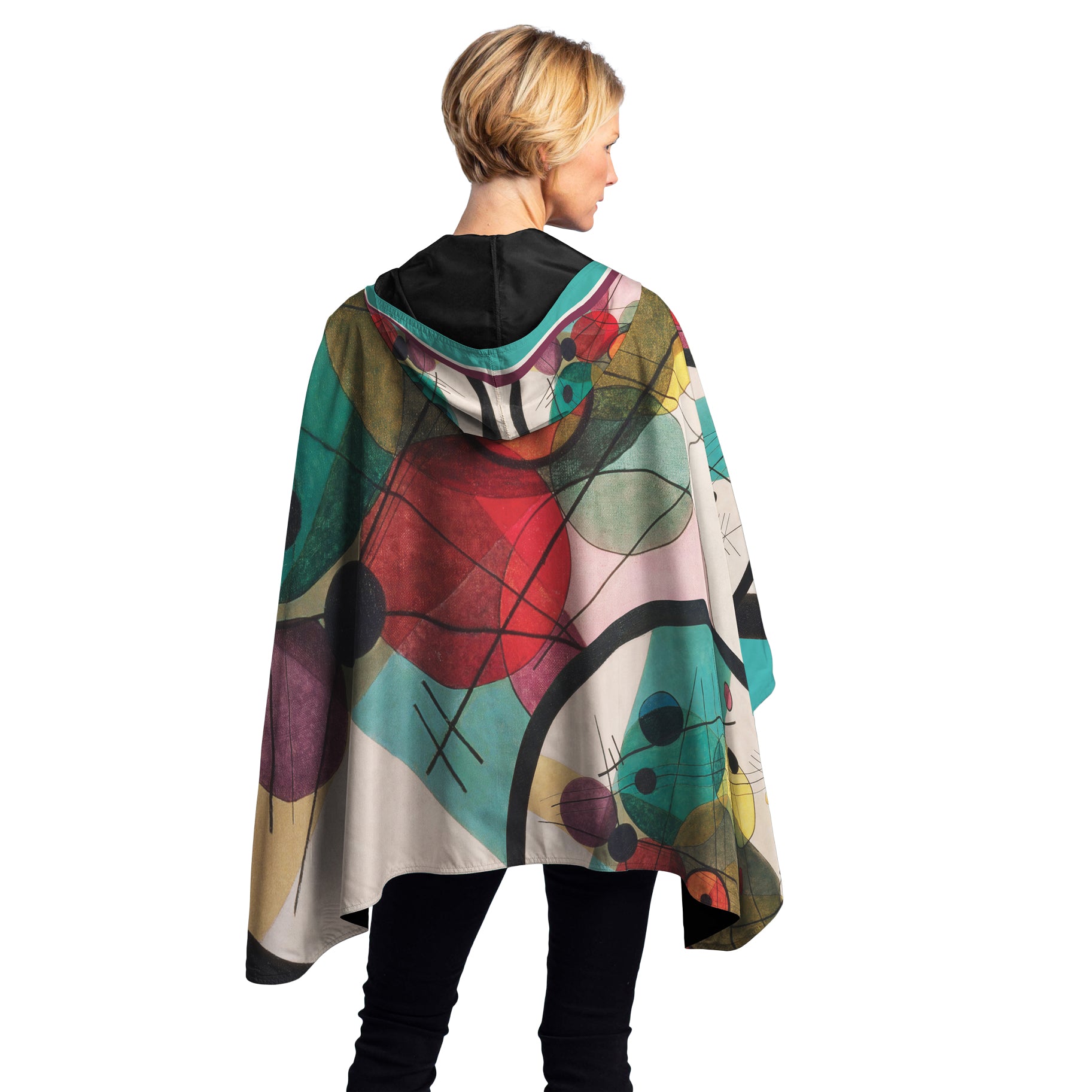 Kandinsky Circles in a Circle Reversible Rain Cape Poncho – Lightweight Hooded Wrap for Women
