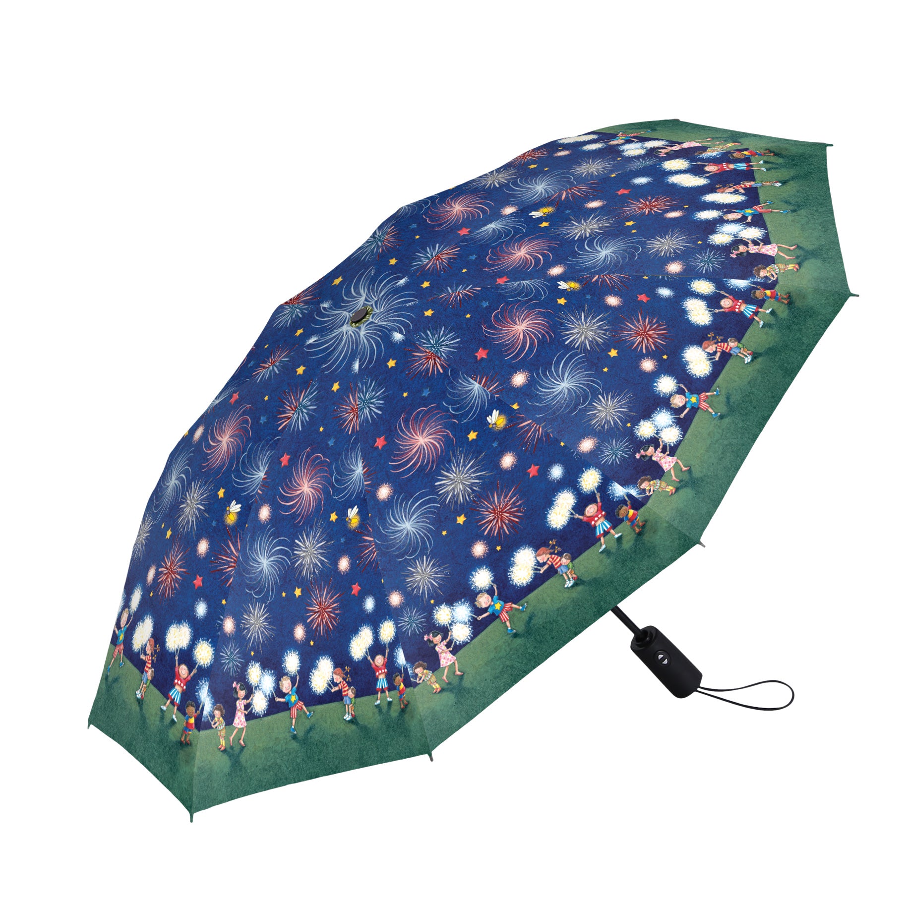 Mary Engelbreit July Sparklers Folding Travel Umbrella - Compact, One-Touch Open & Close