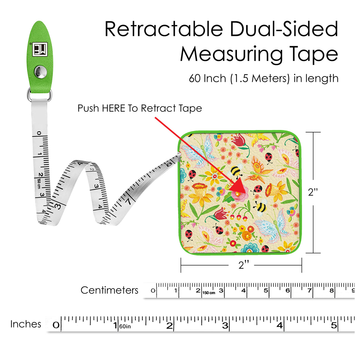 Mary Engelbreit Simple Spring Toss Compact Retractable Tape Measure - Dual-Sided, 60"/150cm