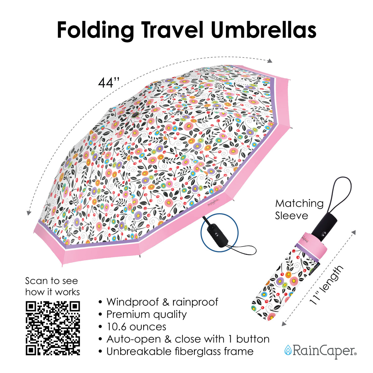 Mary Engelbreit Modern Cherry Toss Folding Travel Umbrella - Compact, One-Touch Open & Close