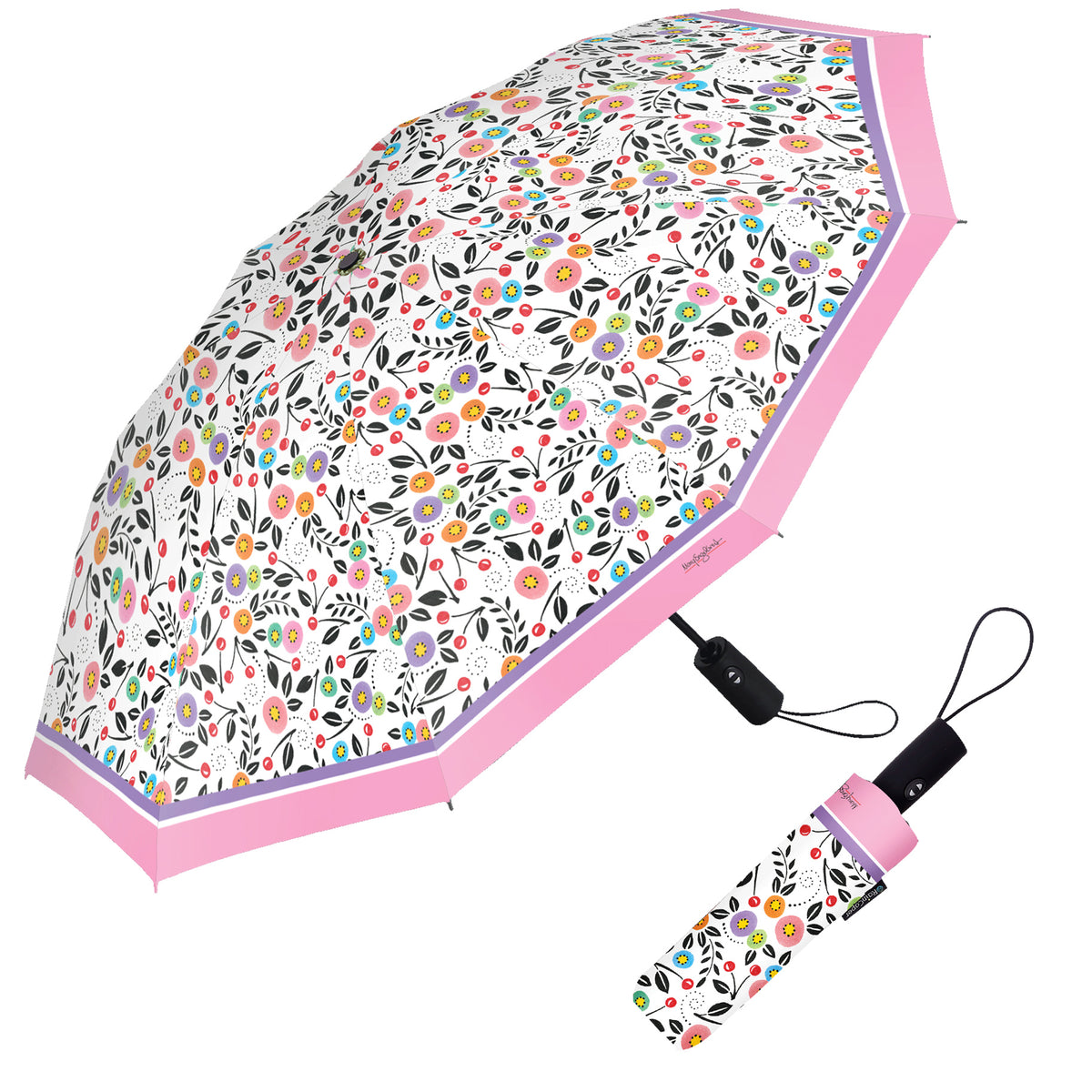 Mary Engelbreit Modern Cherry Toss Folding Travel Umbrella - Compact, One-Touch Open & Close
