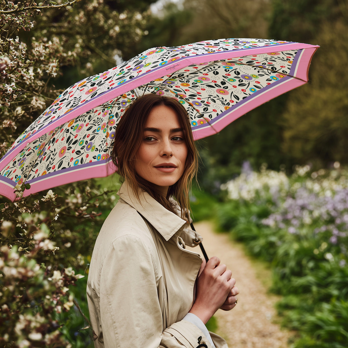 Mary Engelbreit Modern Cherry Toss Folding Travel Umbrella - Compact, One-Touch Open & Close