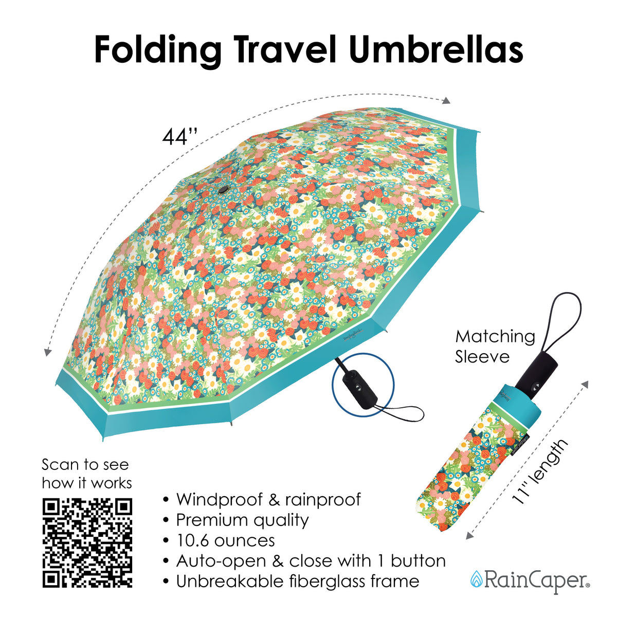 Mary Engelbreit Vintage Calico Folding Travel Umbrella - Compact, One-Touch Open & Close