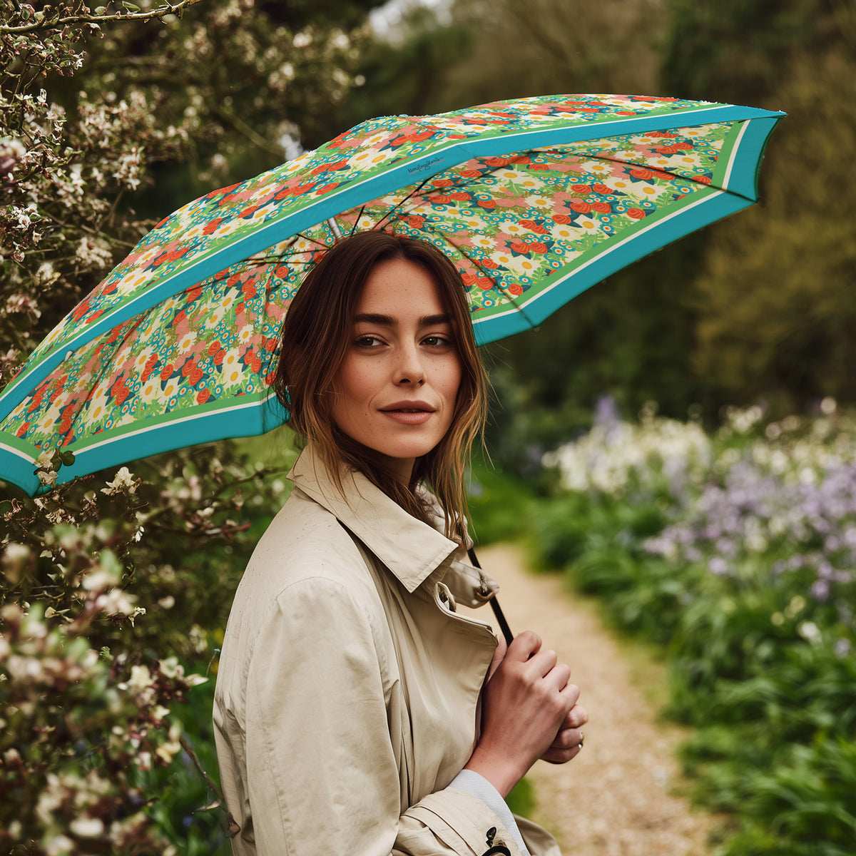 Mary Engelbreit Vintage Calico Folding Travel Umbrella - Compact, One-Touch Open & Close